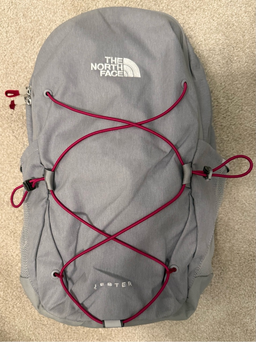 The North Face Gray Backpack with Pink Bungee